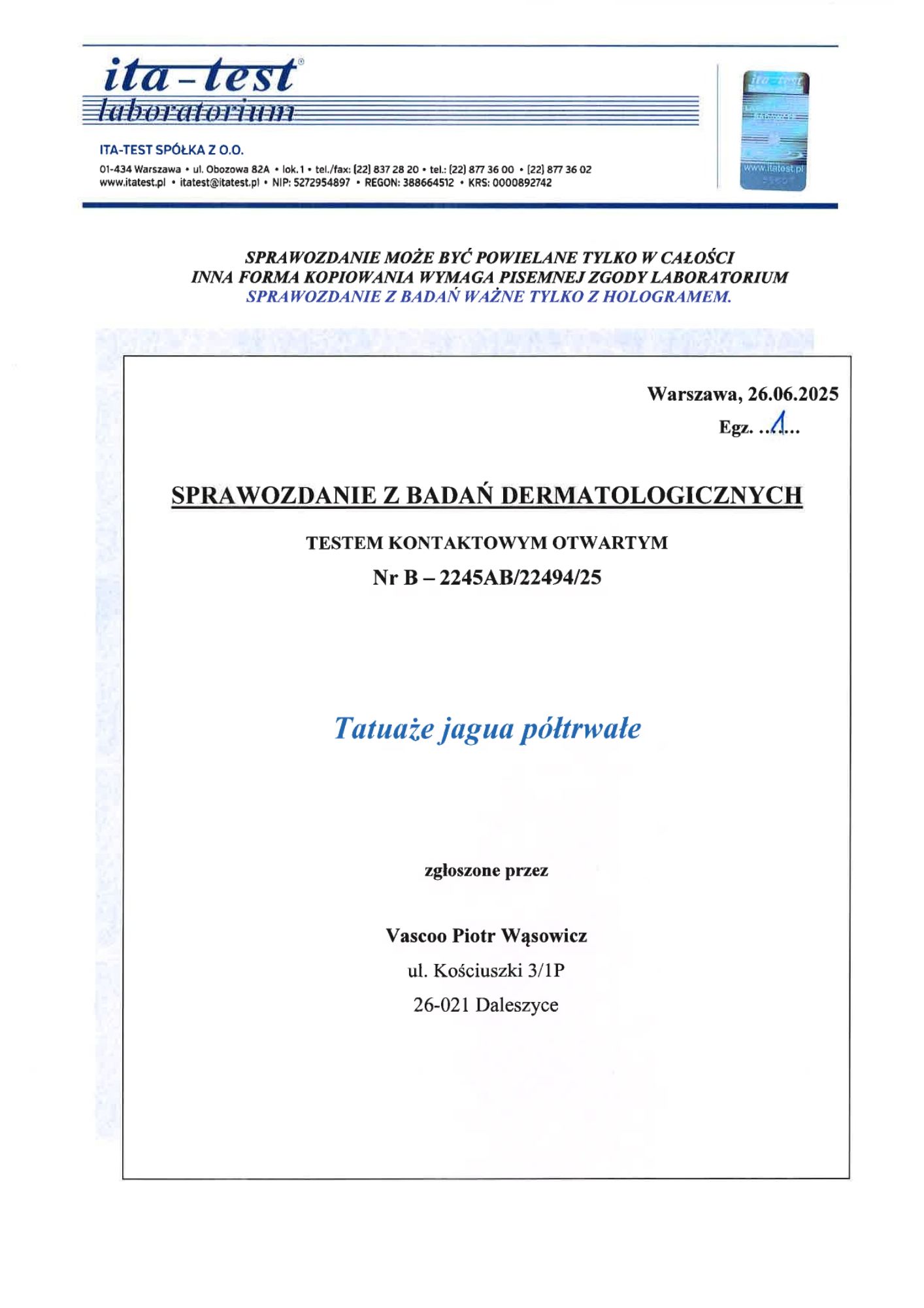 Jagua — Certificate of dermatological testing according to EU standards