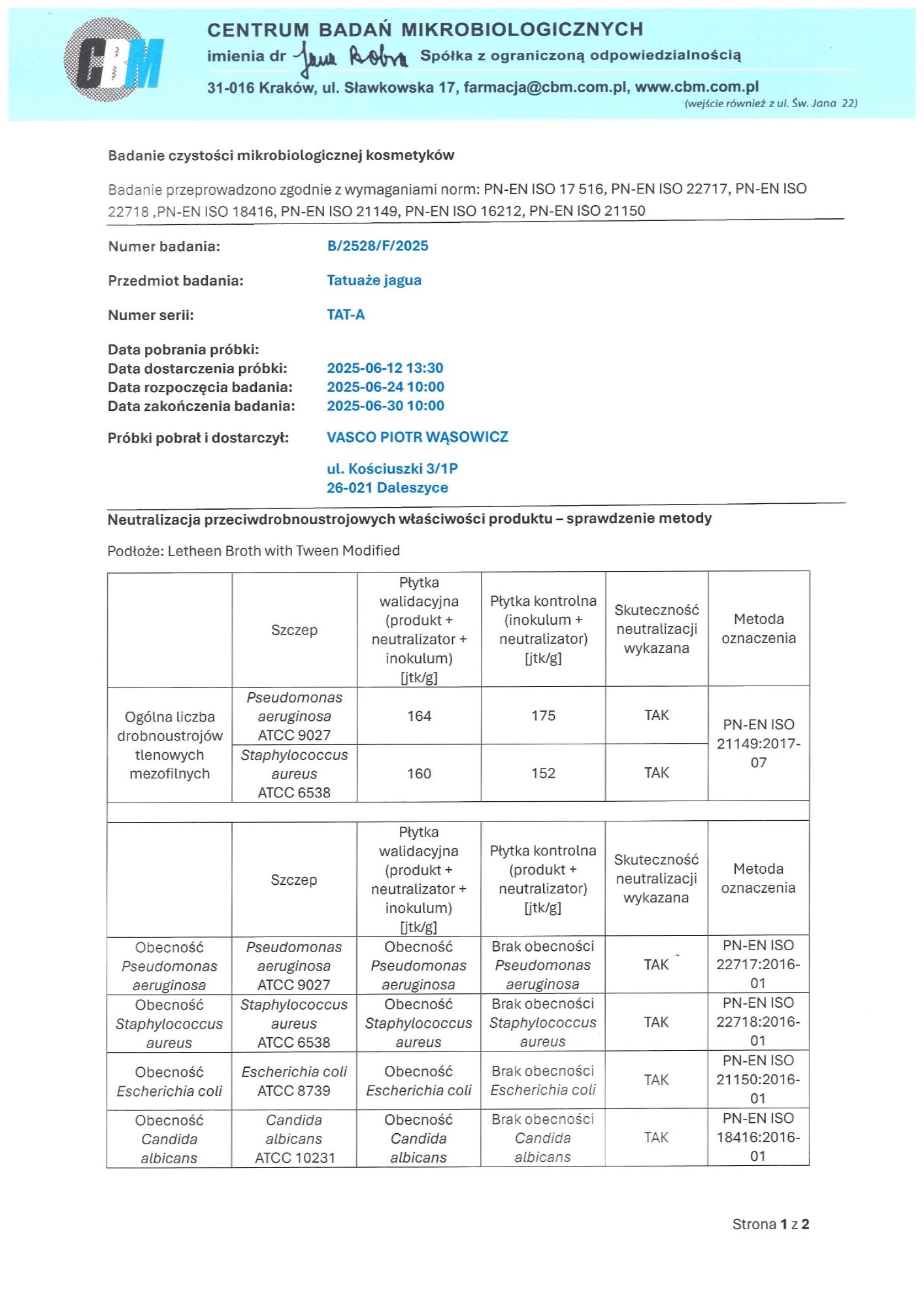 Jagua — Certificate of microbiological laboratory analysis